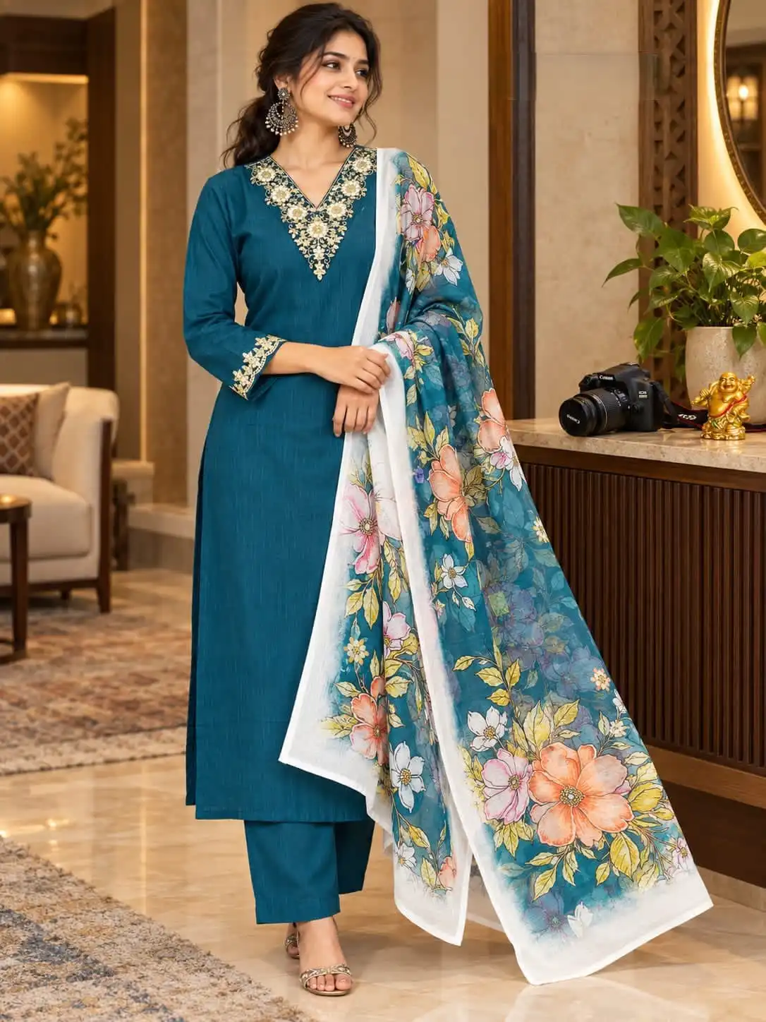 Embroidered V-Neckline & Digital Floral Printed Dupatta Cotton Straight Salwar Set